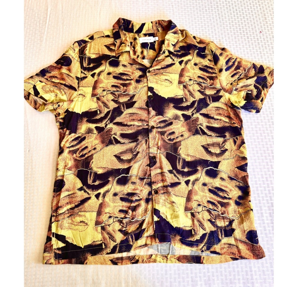 Topman Mens XL Abstract Face Print Viscose Short Sleeve Button Down Shirt Yellow